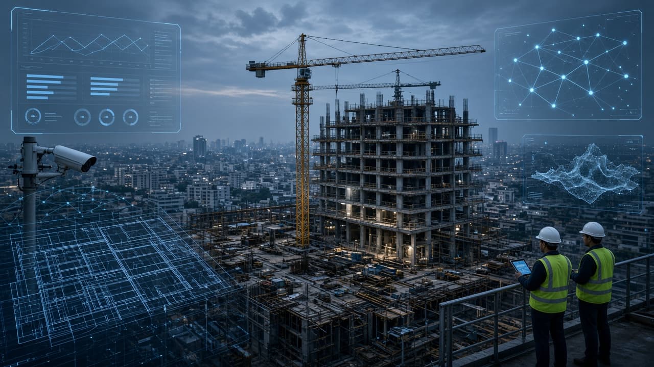 Modern construction site with digital technology overlays and project management