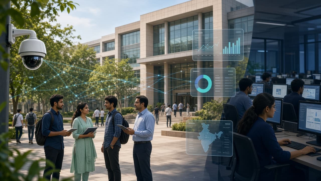 Modern educational campus with digital technology overlays