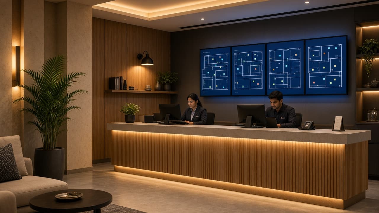 Hotel and hostel reception with room allocation systems