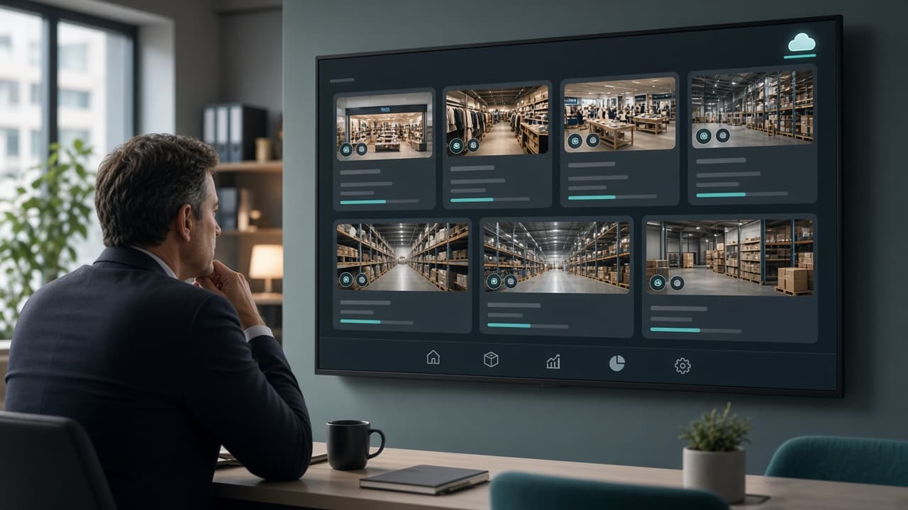 Manager monitoring multiple retail locations from a cloud dashboard