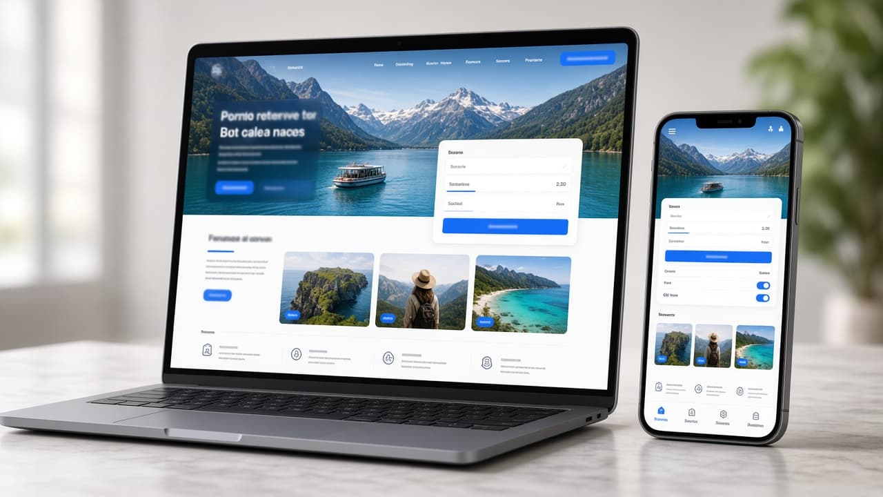 Travel website and booking interface on desktop laptop and smartphone