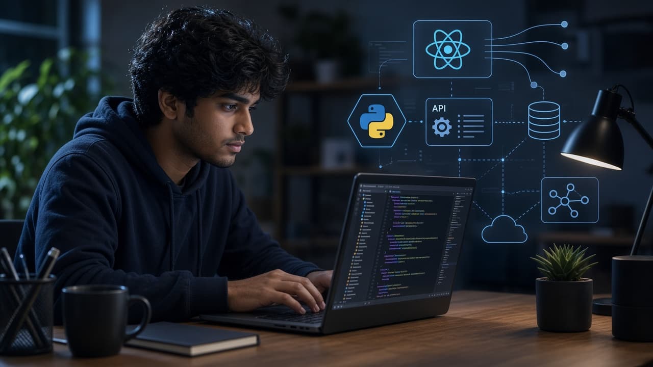 Full stack development student building software on a laptop